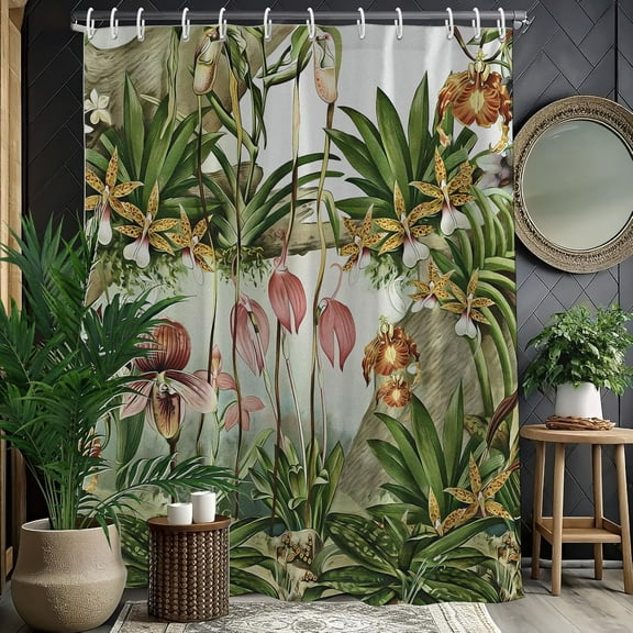 Leaves Plant Shower Curtain 60x72 Inches Black Botanical Shower Curtain, Spring Nature Waterproof Polyester Fabric Bathroom Bathtub Decor, Includes 12 Hooks