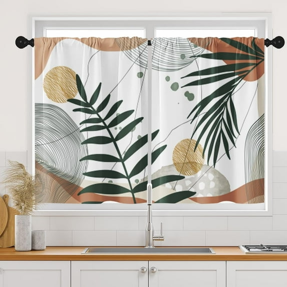 Leaves Plants Boho Kitchen Curtains, Bohemian Mid Century Short Window Curtains Set of 2, Window Treatment Tier Curtains for Kitchen Over Sink Dining Room Decor (26x36 Inch)