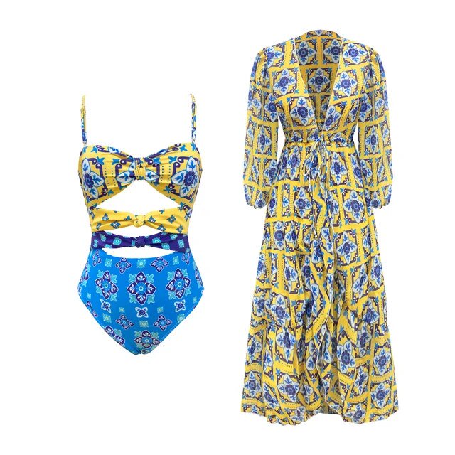 Leaves Print One Piece Swimwear With Cover Up Black Swimsuits Woman