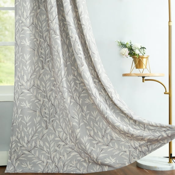 VOGOL Leaves Printed Decorative Farmhouse Window Treatments, Light Filtering Draperies for Bedroom Home Office, W52"xL63", One Panel, Grey