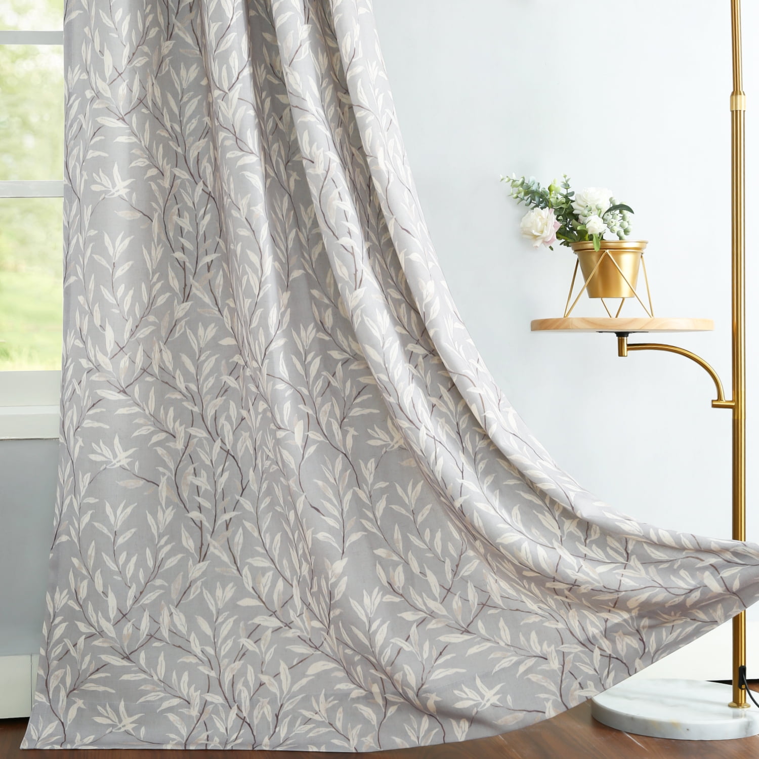 VOGOL Leaves Printed Decorative Farmhouse Window Treatments, Light Filtering Draperies for Bedroom Home Office, W52"xL96", One Panel, Grey