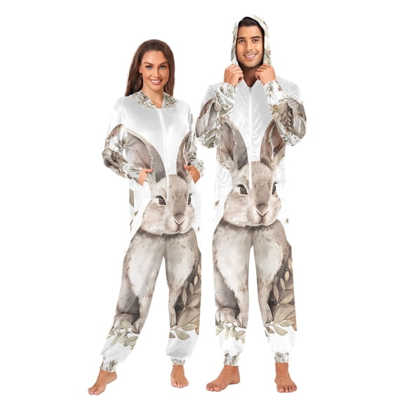 Leaves Rabbit Adult Onesie Pajamas Slim Fit Christmas One Piece Suit Pjs for Women and Men Hooded Zipper