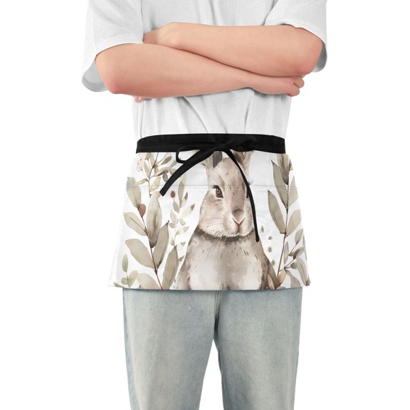 Leaves Rabbit Waist Apron Adjustable Server Half Apron Kitchen Cooking with 3 Pockets for Men Women