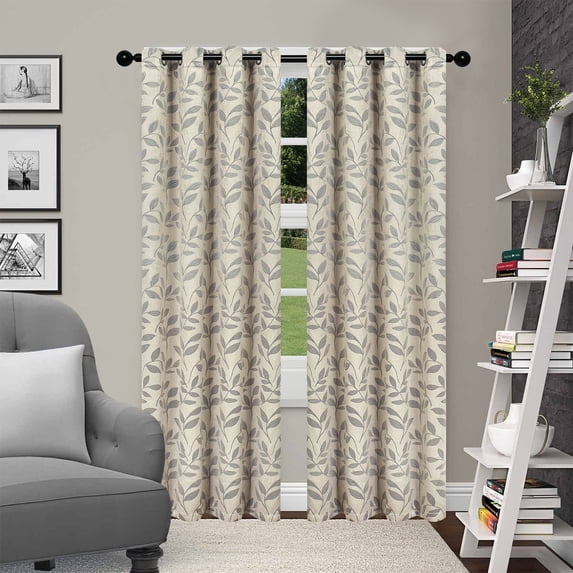 Leaves Room Darkening Noise Reducing Jacquard Leaf Blackout Curtain Set Ivory / 52"x63"
