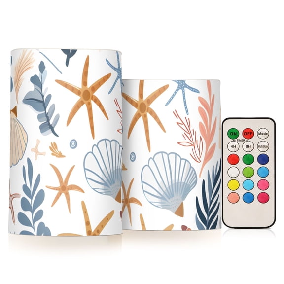 Leaves Seastars Shells Flickering Flameless Candles LED Tealight Battery Operated with Remote Set of 2 Holiday Decor Ornaments