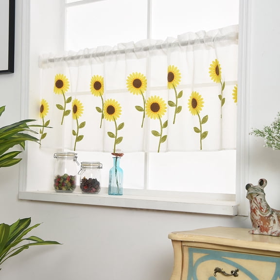 Leaves Sheer Curtain, Daisy-Patterned Single-Panel Rod-Mounted Short Blinds Door Window Voile Drape Valance