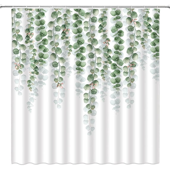 Leaves Shower Curtain Green Leaf Floral Plant Botanical Watercolor Succulent Vine Nature Sage Green White Home Decor Fabric Bathroom Curtain Set with Hooks(70" Wx84 H)