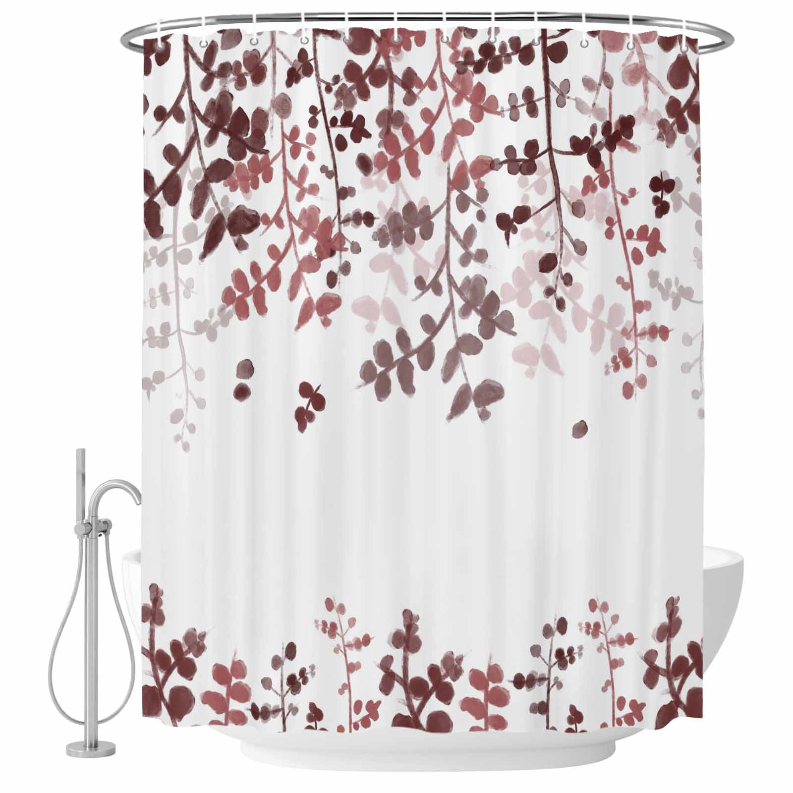 Leaves Shower Curtain, Waterproof Shower Curtains for Bathroom, Pink Brown Summer Botanical Washable Fabric Bathtub Curtain Set Bath Decor with 12 Hooks Standard 72"x72"
