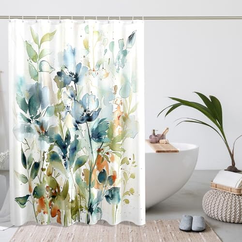 Leaves Shower Curtain Wildflower Eucalyptus Watercolor Spring Wildflower Plant Blue Green Polyester Machine Washable Decorative Hotel Bathroom Quick Dry Shower Curtain with 12 Hooks 72x72 Inch