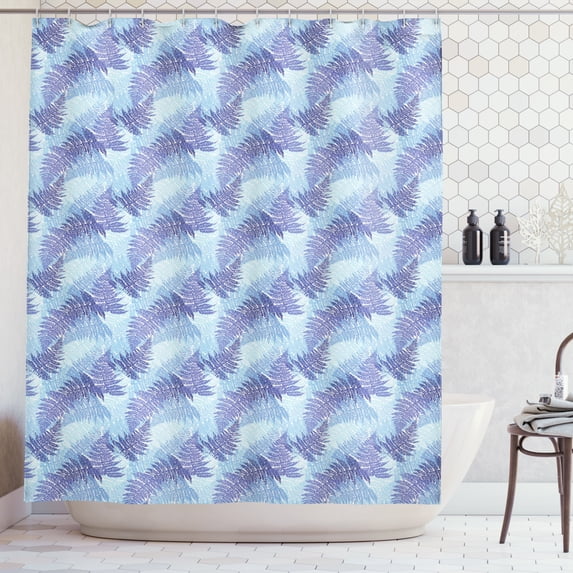 Leaves Shower Curtain, Winter Composition Frozen Fern Arrangement Abstract Seasonal Design, Fabric Bathroom Set with Hooks, 69W X 75L Inches Long, Pale Blue Blue Night Blue, by Ambesonne