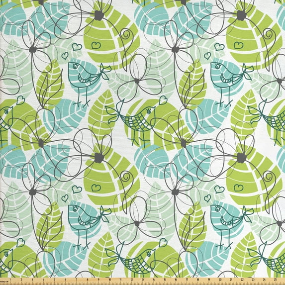Leaves Sofa Upholstery Fabric by the Yard, Doodle Birds and Flowers with Foliage Hearts Ornamental Print, Decorative Fabric for DIY and Home Accents, Charcoal Grey Pale Green by Ambesonne