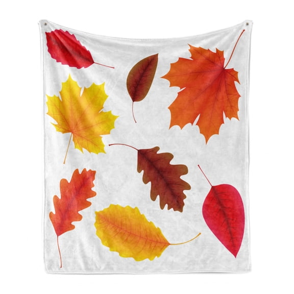 Leaves Soft Flannel Fleece Blanket, Autumn Foliage Pattern with Maple Leaves Woodland Flora Illustration in Warm Tones, Cozy Plush for Indoor and Outdoor Use, 70" x 90", Multicolor, by Ambesonne