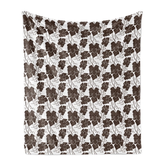 Leaves Soft Flannel Fleece Blanket, Continuous Symmetric and Detailed Leaves with Curly Leafstalk Patterns Graphic, Cozy Plush for Indoor and Outdoor Use, 50" x 60", Brown and White, by Ambesonne