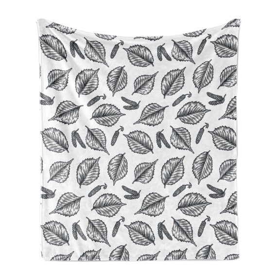 Leaves Soft Flannel Fleece Blanket, Detailed Sketch of Birch Leaves and Berries on Plain Backdrop Pattern, Cozy Plush for Indoor and Outdoor Use, 50" x 60", White and Charcoal Grey, by Ambesonne