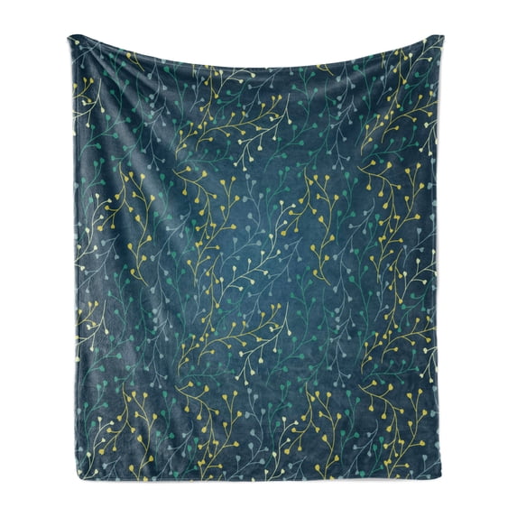 Leaves Soft Flannel Fleece Blanket, Heart Shaped Little Buds Flowering Branches Curly Spring Nature Inspired, Cozy Plush for Indoor and Outdoor Use, 60" x 80", Dark Blue Green Yellow, by Ambesonne