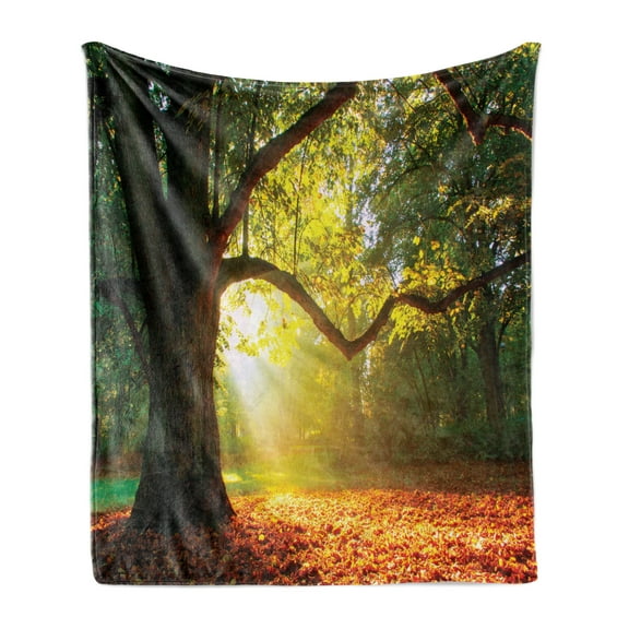 Leaves Soft Flannel Fleece Blanket, Majestic Mighty Oak Tree with Largely Broader Leaves Forest Sun Rays Nature, Cozy Plush for Indoor and Outdoor Use, 50" x 70", Orange Green Brown, by Ambesonne