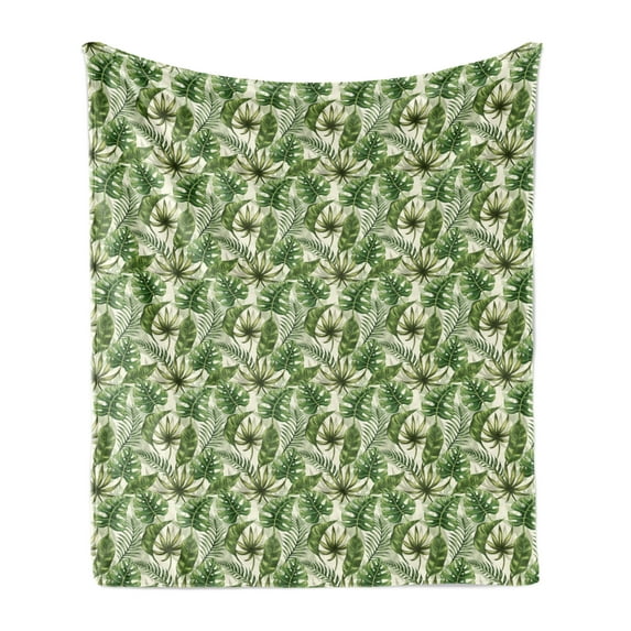Leaves Soft Flannel Fleece Blanket, Monstera Leaf Illustration with Hawaiian Floral Elements in Nature Tones, Cozy Plush for Indoor and Outdoor Use, 50" x 70", Green Cream Pale Green, by Ambesonne
