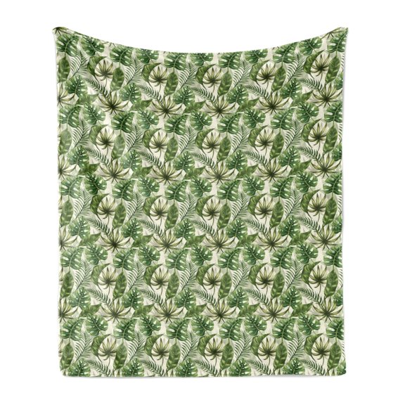 Leaves Soft Flannel Fleece Blanket, Monstera Leaf Illustration with Hawaiian Floral Elements in Nature Tones, Cozy Plush for Indoor and Outdoor Use, 70" x 90", Green Cream Pale Green, by Ambesonne