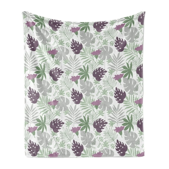Leaves Soft Flannel Fleece Blanket, Tropical Foliage Silhouettes Exotic Botany Hawaiian Nature Elements Vintage, Cozy Plush for Indoor and Outdoor Use, 70" x 90", Eggplant Green Grey, by Ambesonne