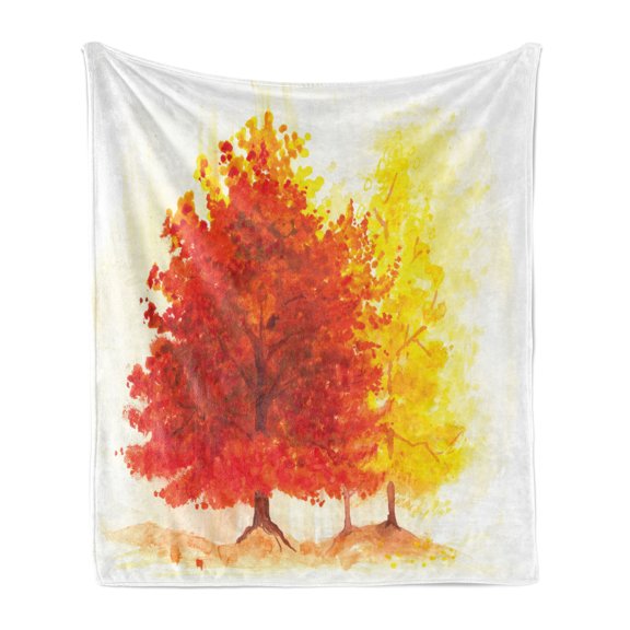 Leaves Soft Flannel Fleece Throw Blanket, 2 Different Fall Tree in Distinctive Color in Watercolors Design Woodland Boho, Cozy Plush for Indoor and Outdoor Use, 50" x 60", Yellow Orange, by Ambesonne