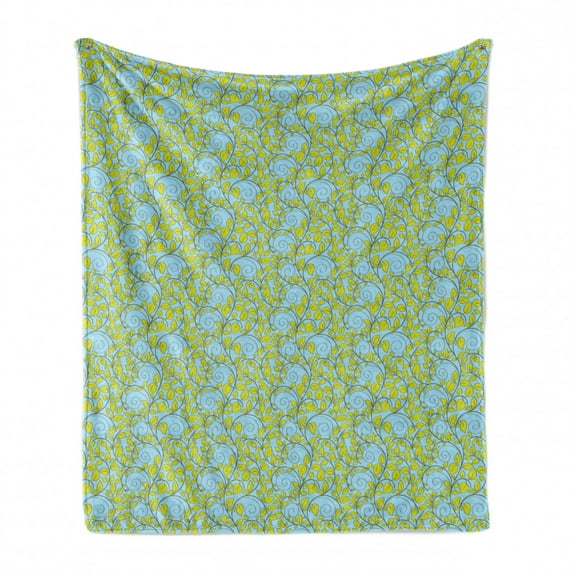 Leaves Soft Flannel Fleece Throw Blanket, Cartoon Botanical Pattern of Curlicue Branches, Cozy Plush for Indoor and Outdoor Use, 70" x 90", Blue Yellow Green, by Ambesonne