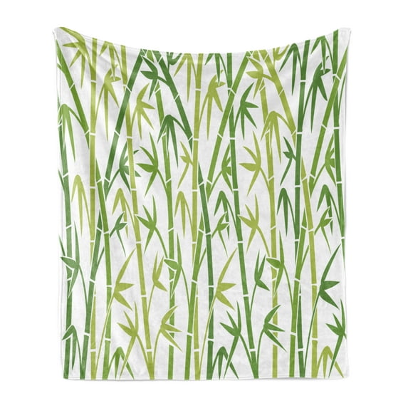 Leaves Soft Flannel Fleece Throw Blanket, Cartoon Style Bamboo Sticks Pattern in Nature Colors Leaves East, Cozy Plush for Indoor and Outdoor Use, 50" x 70", Green and Pale Green, by Ambesonne