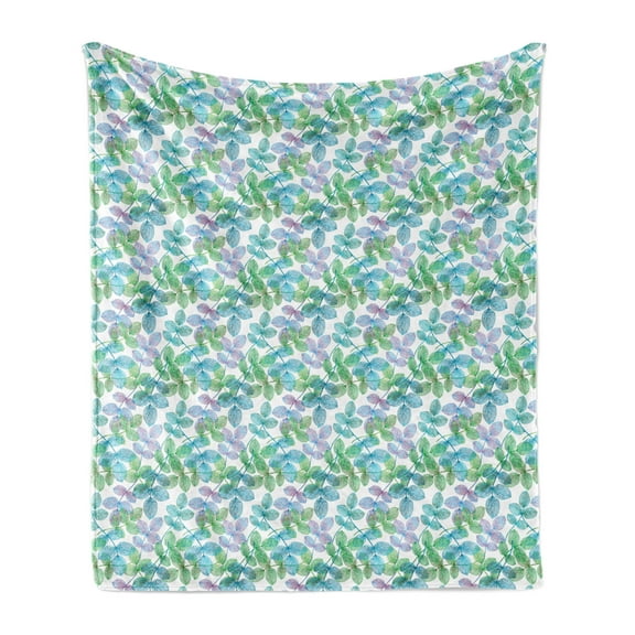 Leaves Soft Flannel Fleece Throw Blanket, Composition of Foliage Detailed Arrangement with Ornate Nature Illustration, Cozy Plush for Indoor and Outdoor Use, 70" x 90", Green Blue White, by Ambesonne