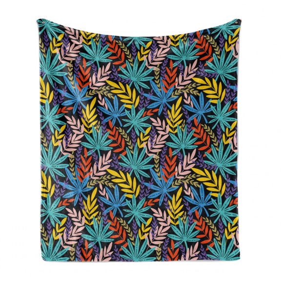Leaves Soft Flannel Fleece Throw Blanket, Creative Spread Layout of Colorful Leaf Nature Foliage Illustration, Cozy Plush for Indoor and Outdoor Use, 50" x 70", Multicolor, by Ambesonne