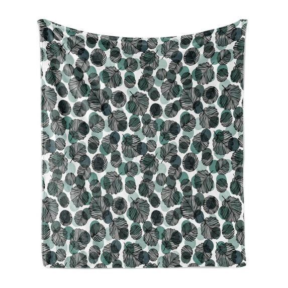 Leaves Soft Flannel Fleece Throw Blanket, Dotted Background with Foliage Pattern with Black Stripes Nature, Cozy Plush for Indoor and Outdoor Use, 50" x 60", Pale Green Slate Blue, by Ambesonne