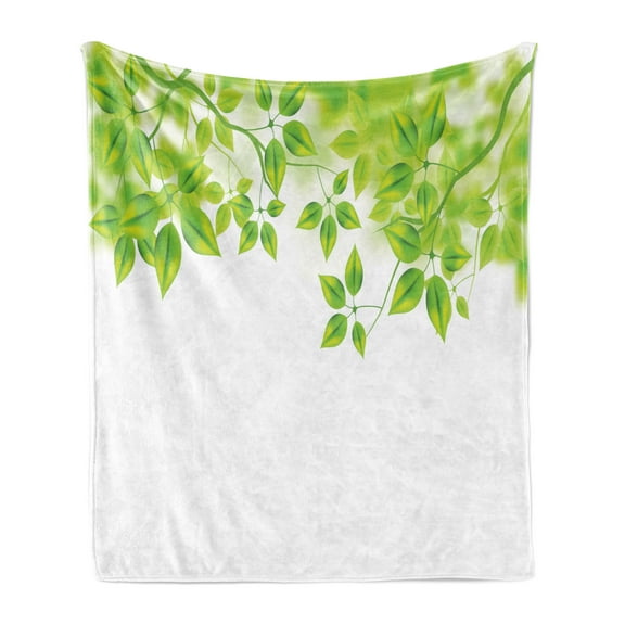 Leaves Soft Flannel Fleece Throw Blanket, Freshening Background Vibrant Leafage in Spring Flourishing Open up Plant Theme, Cozy Plush for Indoor and Outdoor Use, 50" x 60", Green White, by Ambesonne