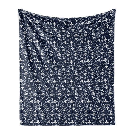 Leaves Soft Flannel Fleece Throw Blanket, Japanese Motifs Timeless Folklore Pieces in Flower Form on Indigo, Cozy Plush for Indoor and Outdoor Use, 50" x 60", Dark Indigo and White, by Ambesonne
