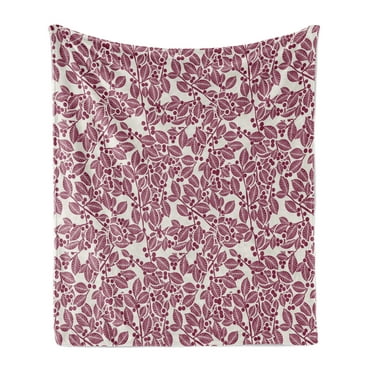 Leaves Soft Flannel Fleece Throw Blanket, Monochrome Foliage Pattern Flowering Branches with Berries Botany Illustration, Cozy Plush for Indoor and Outdoor Use, 70" x 90", Maroon Beige, by Ambesonne