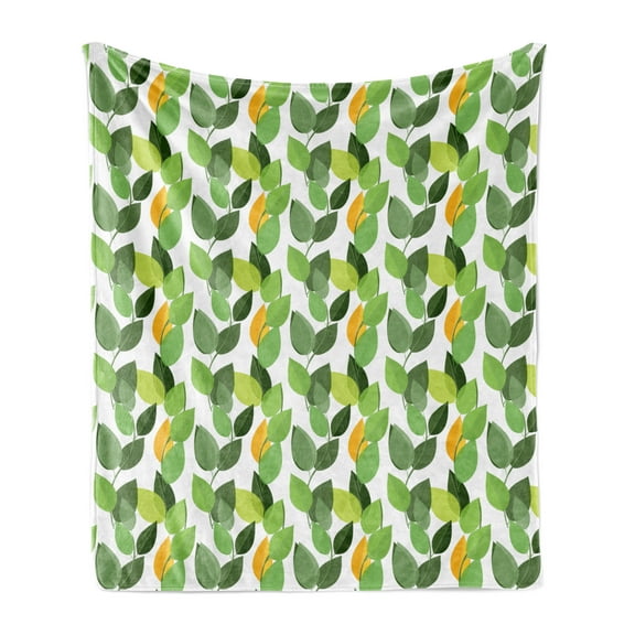 Leaves Soft Flannel Fleece Throw Blanket, Mother Nature Feng Shui Themed Vegetation Growth Tranquil Illustration, Cozy Plush for Indoor and Outdoor Use, 60" x 80", Fern Green Marigold, by Ambesonne
