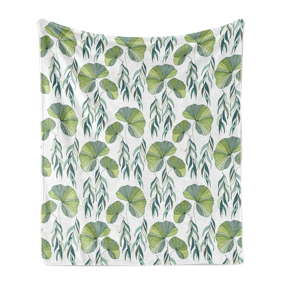 Leaves Soft Flannel Fleece Throw Blanket, Motifs of Foliage Water Lilies Composition in Green Shades, Cozy Plush for Indoor and Outdoor Use, 70" x 90", Green Pale Green, by Ambesonne