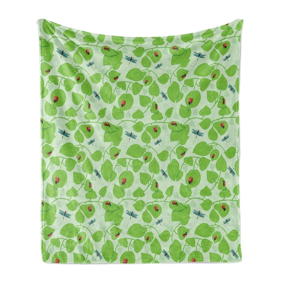 Leaves Soft Flannel Fleece Throw Blanket, Natural Green Environment with Fresh Leaves Ladybugs and Dragonflies Print, Cozy Plush for Indoor and Outdoor Use, 50" x 70", Green Multicolor, by Ambesonne