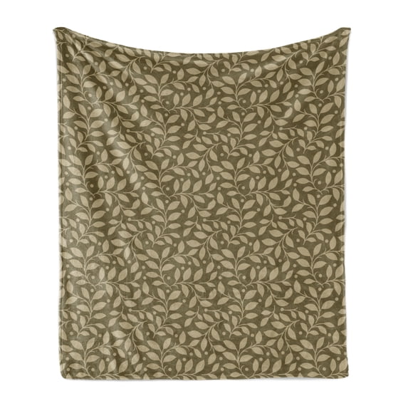 Leaves Soft Flannel Fleece Throw Blanket, Old Fashioned Style Abstract Leafy Branches with Dots Retro Antique Style, Cozy Plush for Indoor and Outdoor Use, 70" x 90", Khaki Pale Brown, by Ambesonne