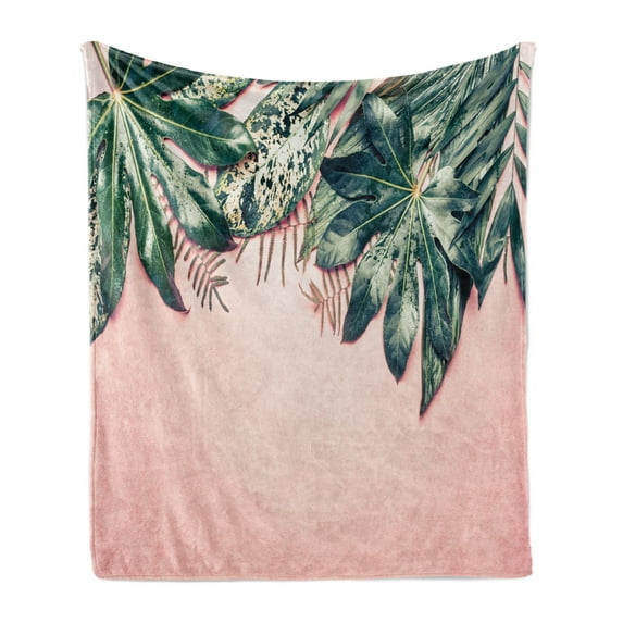 Leaves Soft Flannel Fleece Throw Blanket, Top View Photo of Various Exotic Jungle Leaves, Cozy Plush for Indoor and Outdoor Use, 60" x 80", Blush Hunter Green, by Ambesonne