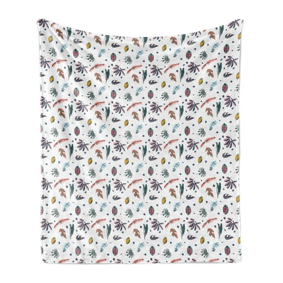 Leaves Soft Flannel Fleece Throw Blanket, Various Colorful Doodle Style Tropic Plantation Scattered on a Plain Background, Cozy Plush for Indoor and Outdoor Use, 50" x 70", Multicolor, by Ambesonne