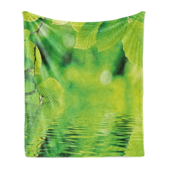 Leaves Soft Flannel Fleece Throw Blanket, Leaves in Water Spa Open Your with Nature Ecological Monochrome Photo, Cozy Plush for Indoor and Outdoor Use, 70" x 90", Green, by Ambesonne