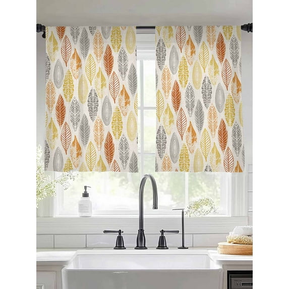 Leaves Specimens Sheer Curtains 45 inches Long 2 Panels Set Grey Yellow Orange Burlap Background Tiers Sheers Rod Pocket Small Window Short Curtains for Kitchen Cafe, Each 52" W x 45" L