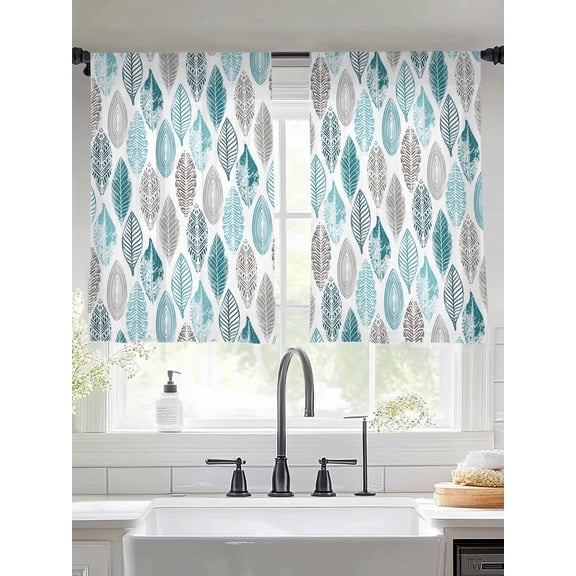 Leaves Specimens Sheer Curtains 45 inches Long 2 Panels Set Teal Green Grey White Background Tiers Sheers Rod Pocket Small Window Short Curtains for Kitchen Cafe, Each 52" W x 45" L