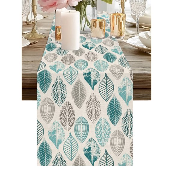 Leaves Specimens Table Runner 13x60 Inch Teal Green Grey Burlap Background Table Runners Dresser Scarves Holiday Kitchen Dining Table Decoration for Home Party Indoor