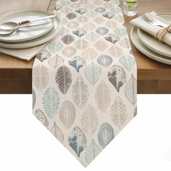 Leaves Specimens Table Runner 72 Inches Long Blue Khaki Teal Grey Burlap Background Table Runners for Dining Room Tabletop Dresser Scarf Home Party Banquet Wedding Holiday Decoration