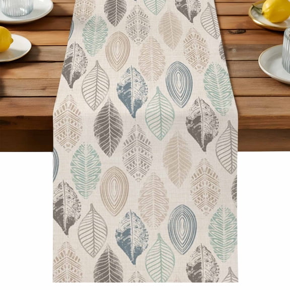 Leaves Specimens Table Runner, Blue Khaki Teal Grey Burlap Background Cotton Linen Table Cloth, Tablerunner for Kitchen Dining Party Wedding Home Decor 13x36 Inch