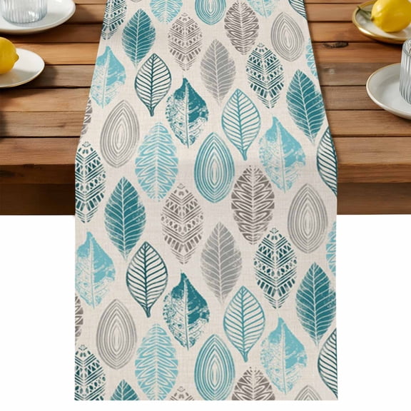 Leaves Specimens Table Runner, Teal Green Grey Burlap Background Cotton Linen Table Cloth, Tablerunner for Kitchen Dining Party Wedding Home Decor 13x60 Inch