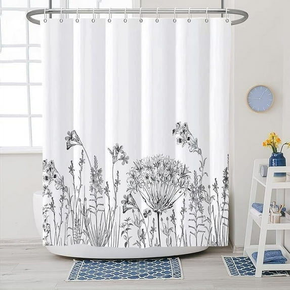Leaves Stall Shower Curtain, Farmhouse Wildflower Plant Bath Curtain Brown Flowers Waterproof Fabric Shower Curtain Set for Bathroom Decoration with Hooks 48x84 Inch