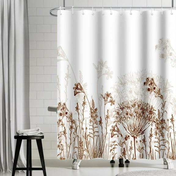 Leaves Stall Shower Curtain, Farmhouse Wildflower Plant Bath Curtain Brown Flowers Waterproof Fabric Shower Curtain Set for Bathroom Decoration with Hooks 48x84 Inch