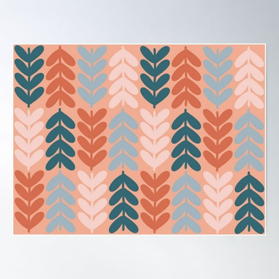 Leaves And Stems Chunky Knit Botanical Pattern In Blue And Blush Pink Tones Poster Wall Art, Modern Wall Decor For Living Room Bedroom, 16x24 UNFRAMED