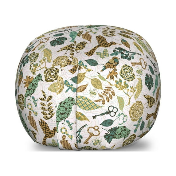 Leaves Storage Toy Bag Chair, Birds Dragonflies and Keys in Foliage Themed Image on Bullseye Heart Background, Stuffed Animal Organizer Washable Bag, Small Size, Multicolor, by Ambesonne