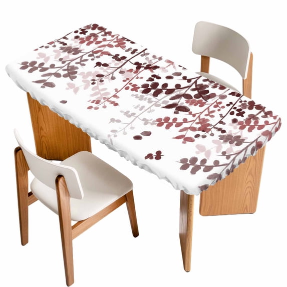 Leaves Table Cloths for 4 Foot Rectangle Tables, Pink Brown Summer Botanical Patio Waterproof Elastic Fitted Tablecloths, Washable Rectangular Table Cover for Camping